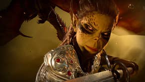 The Githyanki character Lae'zel from Baldur's Gate 3, sword drawn and pointing at the camera, eyes narrowed. A dragon flies behind her.