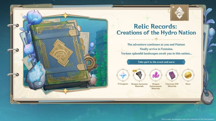 Artwork of a blue and gold book with text and images to its right detailing the rewards for the relic records event.